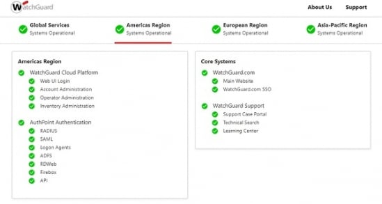 Image of status page region selector and status details