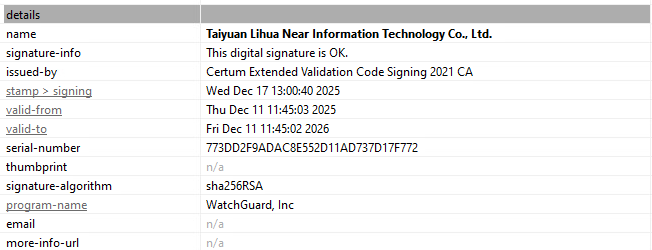 Taiyuan Malicious Signing Certificate information