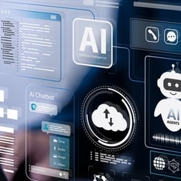 Business professional using laptop and tablet with holographic AI interface showing AI agents, cloud, and cybersecurity tools for global digital defense.