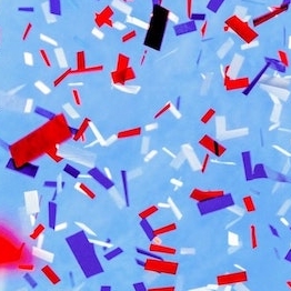 Red/blue/black Confetti on light blue background