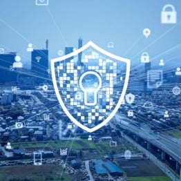 Illustration of a secure digital shield protecting a city network, representing Zero Trust cybersecurity and data protection.