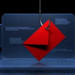 Phishing email attack concept showing a malicious attachment hooking into a laptop, representing SVG-based ransomware delivery