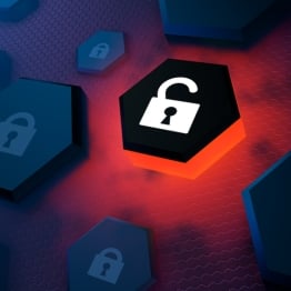 Open padlock icon highlighted among locked security tiles, representing software vulnerabilities, CVE risk, and the need for stronger vulnerability prioritization.