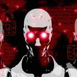Three humanoid robots with glowing red eyes against a dark background featuring computer code, padlock symbols, and “System HACKED” warnings.
