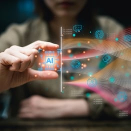 Person touching a glowing AI chip icon on a digital interface with cybersecurity, data, and technology symbols flowing across the screen.