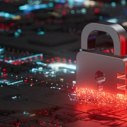 A glowing red padlock sits on a digital circuit board, symbolizing cybersecurity protection, malware risk, and data security threats.