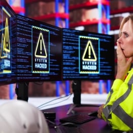Warehouse worker reviews multiple monitors displaying system hacked warnings, representing cyberattacks targeting logistics and supply chain operations.