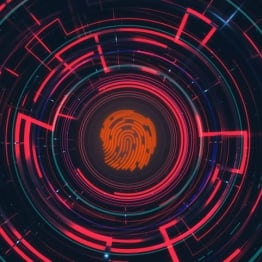 A glowing orange fingerprint surrounded by red and blue circular digital patterns, representing advanced biometric security technology in a virtual interface.