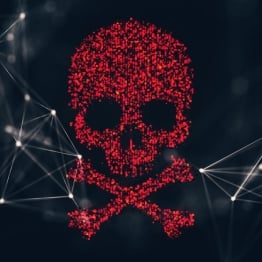 Red digital skull and crossbones surrounded by connected network nodes, representing the ErrTraffic malware campaign, ClickFix attacks, and hidden malicious infrastructure.