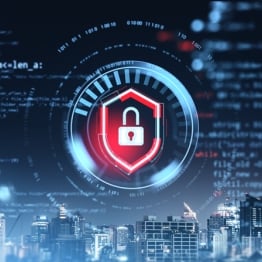 Digital security lock icon over virtual cityscape with programming code elements.