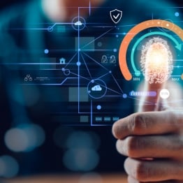 Hand interacting with a digital cybersecurity interface showing biometric authentication and system access controls