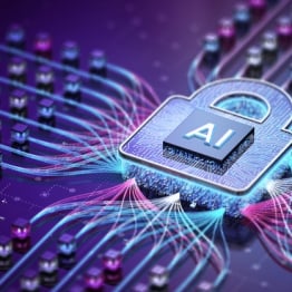 AI security padlock on a circuit board surrounded by glowing data connections, representing artificial intelligence and cybersecurity.