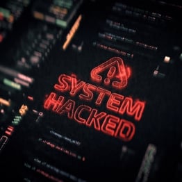 Dark cybersecurity interface displaying a glowing red “System Hacked” warning surrounded by blurred code and system data.