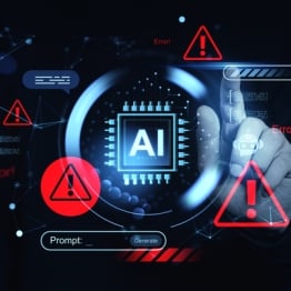 AI cybersecurity concept showing warning alerts, a digital AI chip, and network risk indicators representing AI threats, credential exposure, and zero-day vulnerabilities.