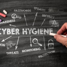 Hand writing “Cyber Hygiene” on a chalkboard surrounded by cybersecurity concepts including passwords, updates, awareness, threats, monitoring, prevention, security, and protection.