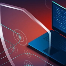 Laptop with a clear shield in front of it deflecting threats