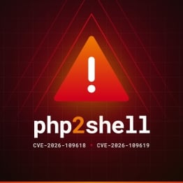 Exclamation Point and Vulnerability Name php2shell pictured with the CVE names