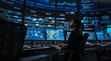 Cybersecurity analyst monitoring network activity and alerts on multiple screens.