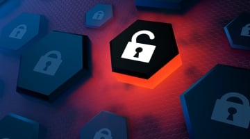 Open padlock icon highlighted among locked security tiles, representing software vulnerabilities, CVE risk, and the need for stronger vulnerability prioritization.