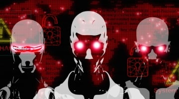 Three humanoid robots with glowing red eyes against a dark background featuring computer code, padlock symbols, and “System HACKED” warnings.