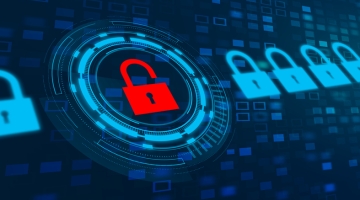 Open red padlock surrounded by digital security icons representing malware, browser compromise, and cyber threats.