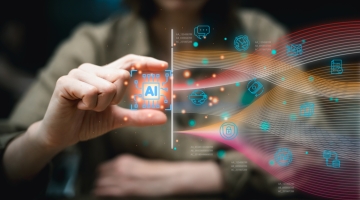 Person touching a glowing AI chip icon on a digital interface with cybersecurity, data, and technology symbols flowing across the screen.