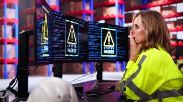 Warehouse worker reviews multiple monitors displaying system hacked warnings, representing cyberattacks targeting logistics and supply chain operations.