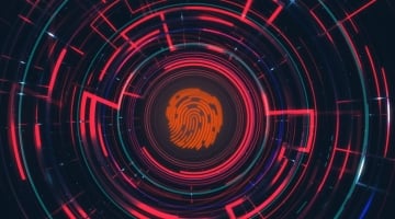 A glowing orange fingerprint surrounded by red and blue circular digital patterns, representing advanced biometric security technology in a virtual interface.