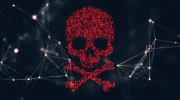 Red digital skull and crossbones surrounded by connected network nodes, representing the ErrTraffic malware campaign, ClickFix attacks, and hidden malicious infrastructure.