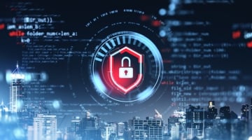 Digital security lock icon over virtual cityscape with programming code elements.