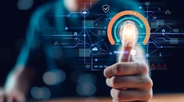 Hand interacting with a digital cybersecurity interface showing biometric authentication and system access controls