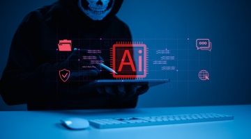 Digital illustration of an AI-powered cyber threat showing a robotic figure beside icons representing security, JWT vulnerabilities, and GitHub pipeline attacks.