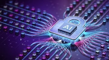 AI security padlock on a circuit board surrounded by glowing data connections, representing artificial intelligence and cybersecurity.