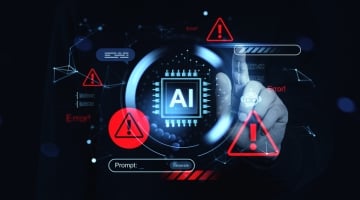 AI cybersecurity concept showing warning alerts, a digital AI chip, and network risk indicators representing AI threats, credential exposure, and zero-day vulnerabilities.