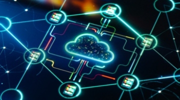 Glowing cloud icon surrounded by other icons in a circuit board type pattern