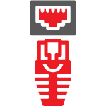Illustration of a red ethernet cable going into a gray and red jack