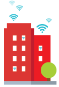 Red apartment building with blue wi-fi symbols coming out of the roof