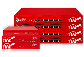 Red WatchGuard tabletop Firebox models stacked next to rackmount models