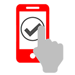 Mobile phone with a gray checkmark on the screen and a hand touching it