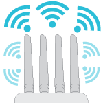 Drawing of 4 external antennas with blue wi-fi symbols around them