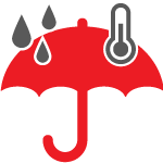 Red umbrella with gray raindrops and thermometer on top