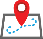 Illustration: blue dotted path with a large red map marker in the middle