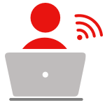 Red person icon at a gray laptop with a red wi-fi symbol over the right side