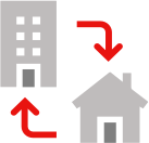 House and building illustrations with red arrows connecting them