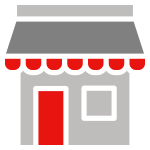 Illustration of a shop in gray with a red awning and red door
