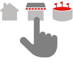 Gray hand pointing at different buildings, house, shop, arena