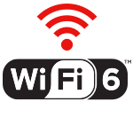 Wi-Fi 6 logo in black and white with a red RSS symbol radiating from the top