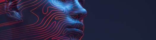 A digital 3D rendering of a human face in profile, illuminated in blue with glowing red contour lines, symbolizing identity, data, and cybersecurity in the age of AI.