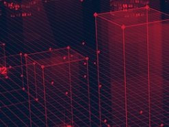Office buildings drawn out of red glowing lines with red dots at the corners